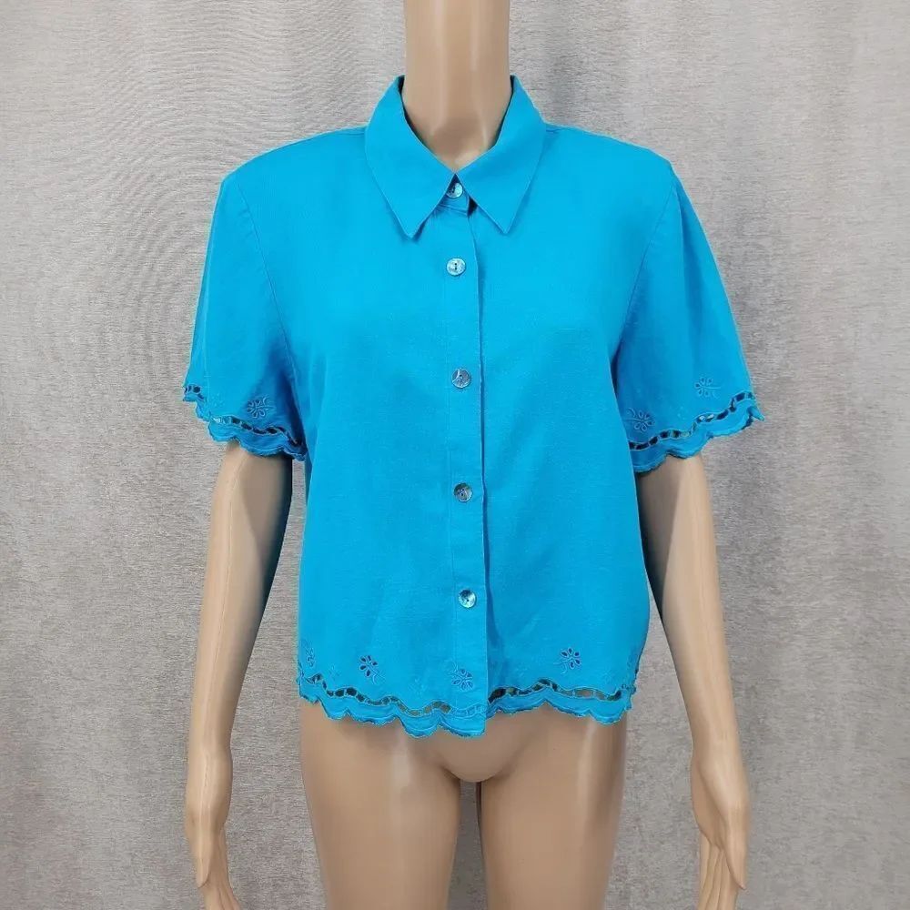 Studio Y2K Blue Button Down Cropped Shirt with Scalloped Edges Eyelet Linen